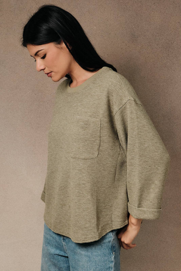 Round Neck 3/4 Cuffed Sleeve Pocket Ribbed Knit Top