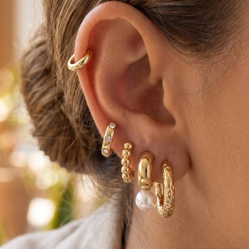 Pearl And Hammered Mini Hoop Earring Set