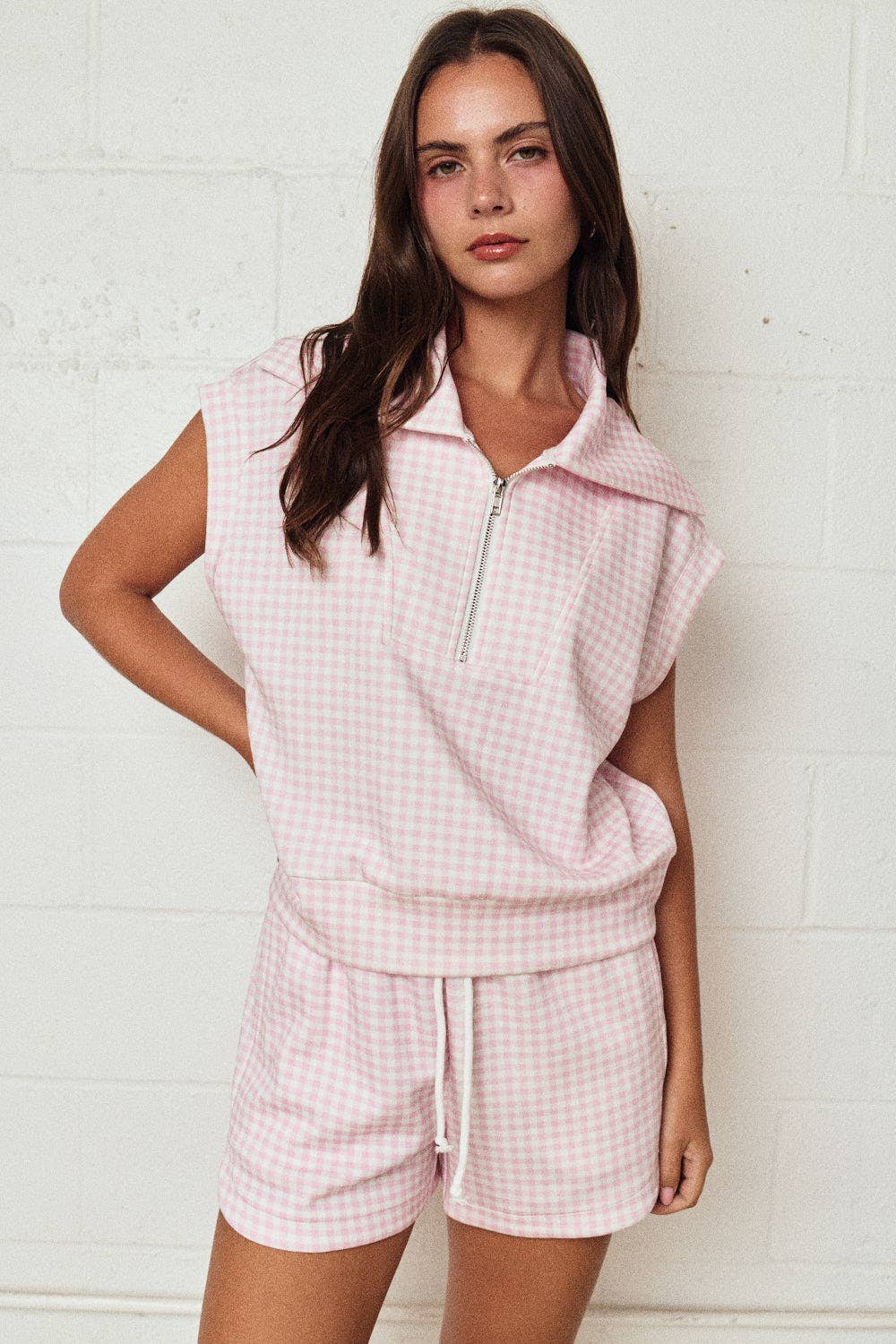 Gingham Zip Up Top in Yellow