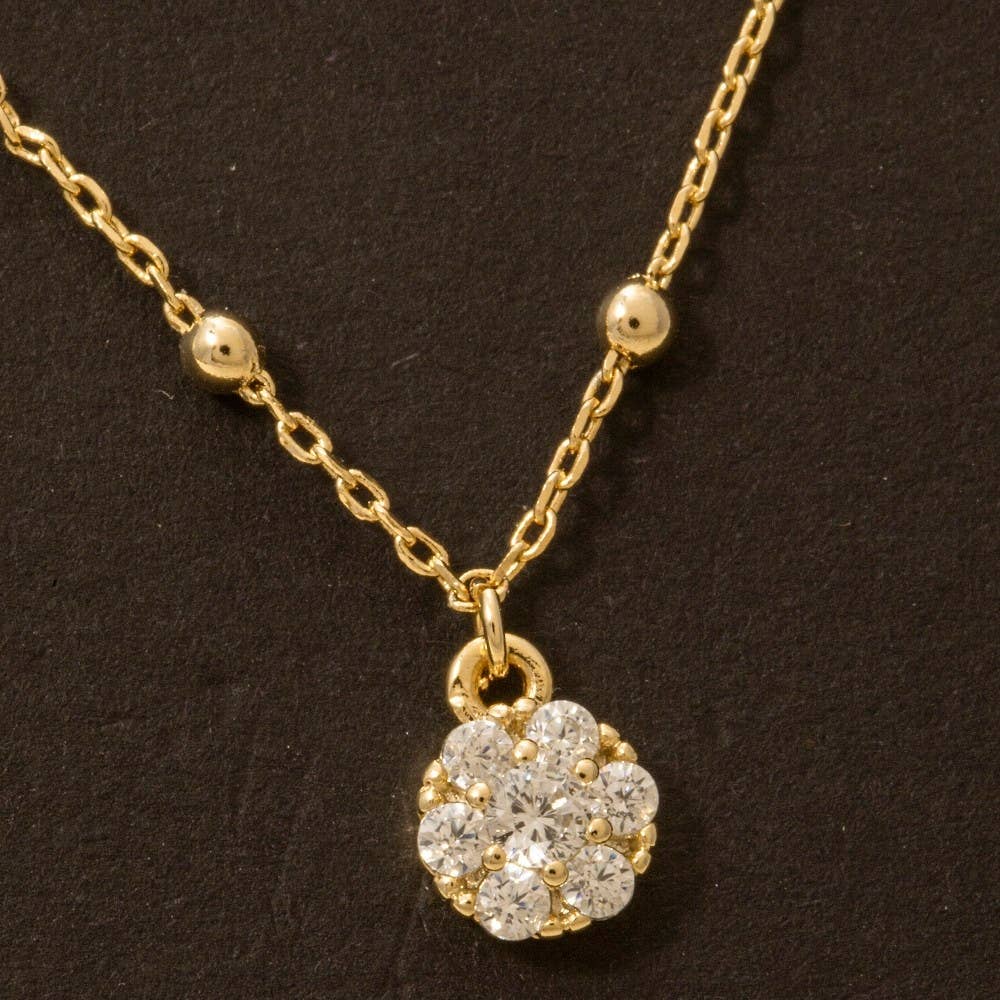 Cz Studded Flower Disc Pendant Necklace