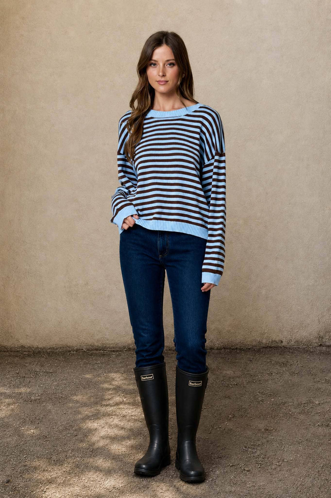 Oatmeal &amp; Brown Stripe Back Button Sweater
