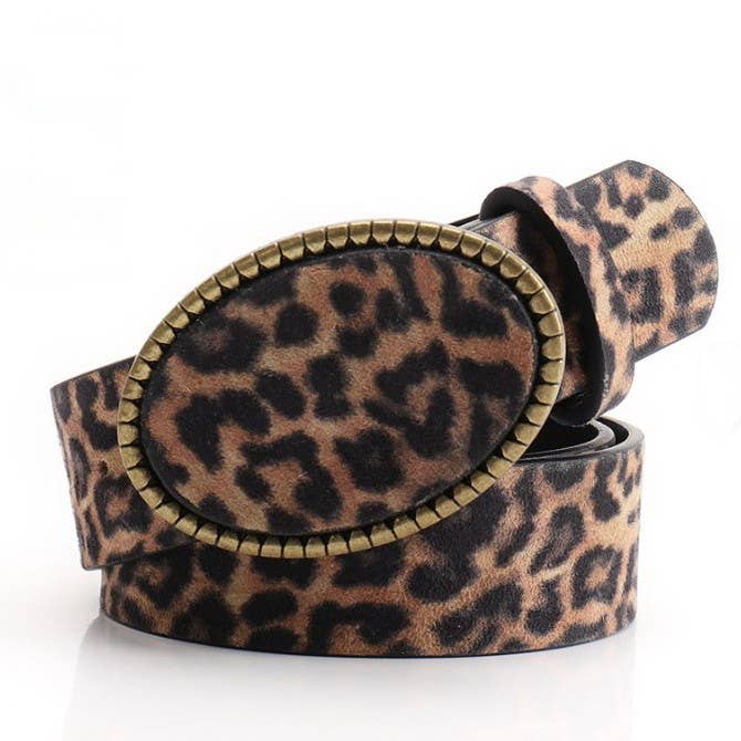 Western Oval Buckle Faux Leather &amp; Leopard Belt | 40BT660