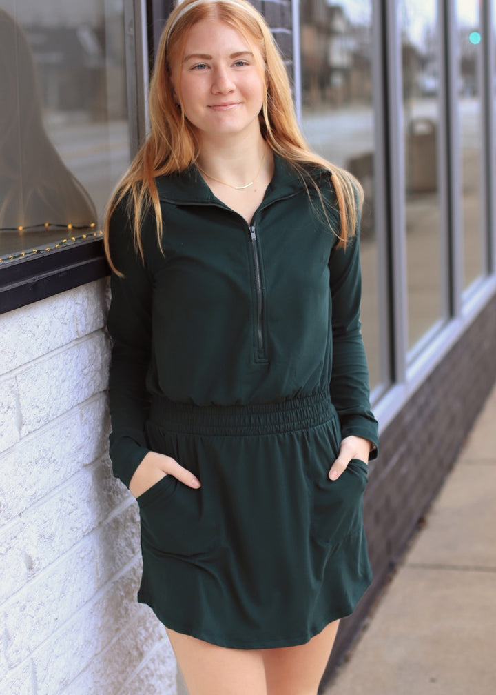 Butter Soft Quarter Zip Romperskirt in Regency Green