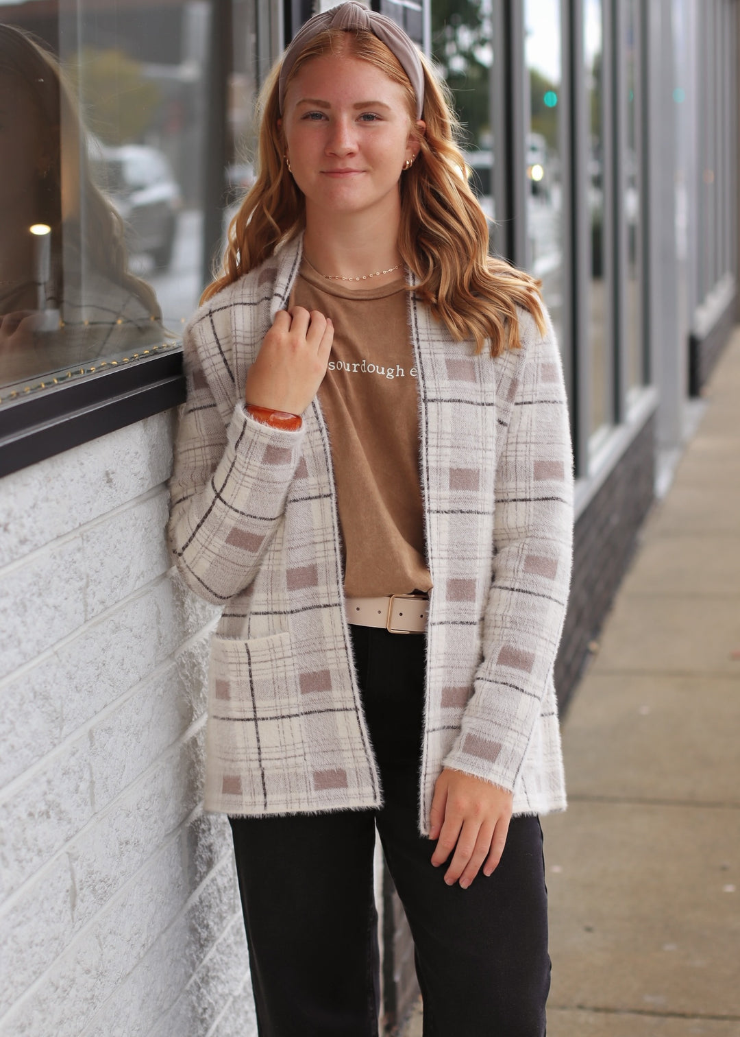The Birch Open Front Cardigan in Ivory/Taupe