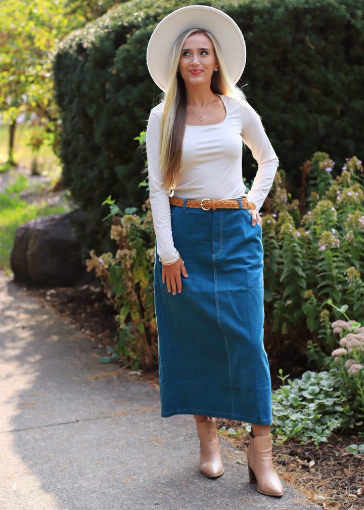 CLEARANCE FINAL SALE  Teal Corduroy Midi Skirt