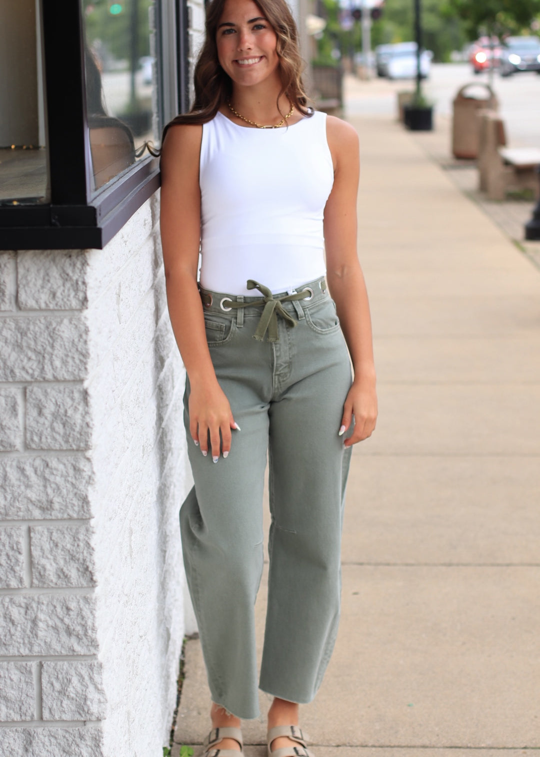 Olive Wide Barrel Crop Jeans