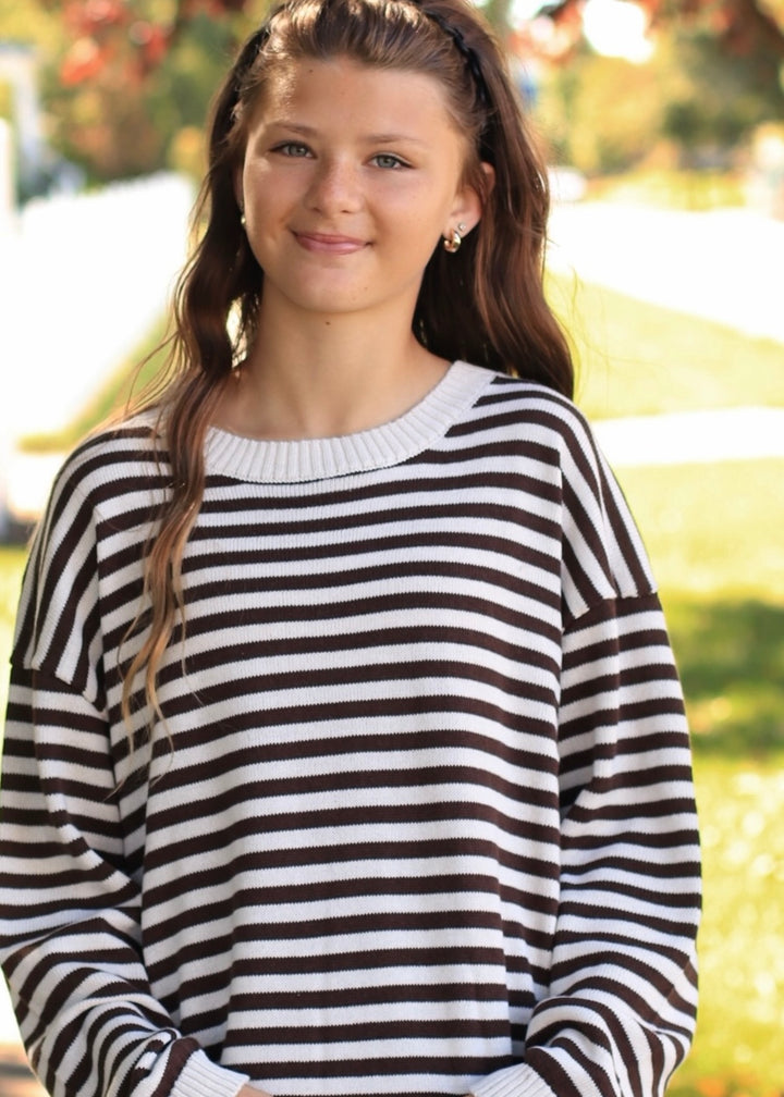 Oatmeal &amp; Brown Stripe Back Button Sweater