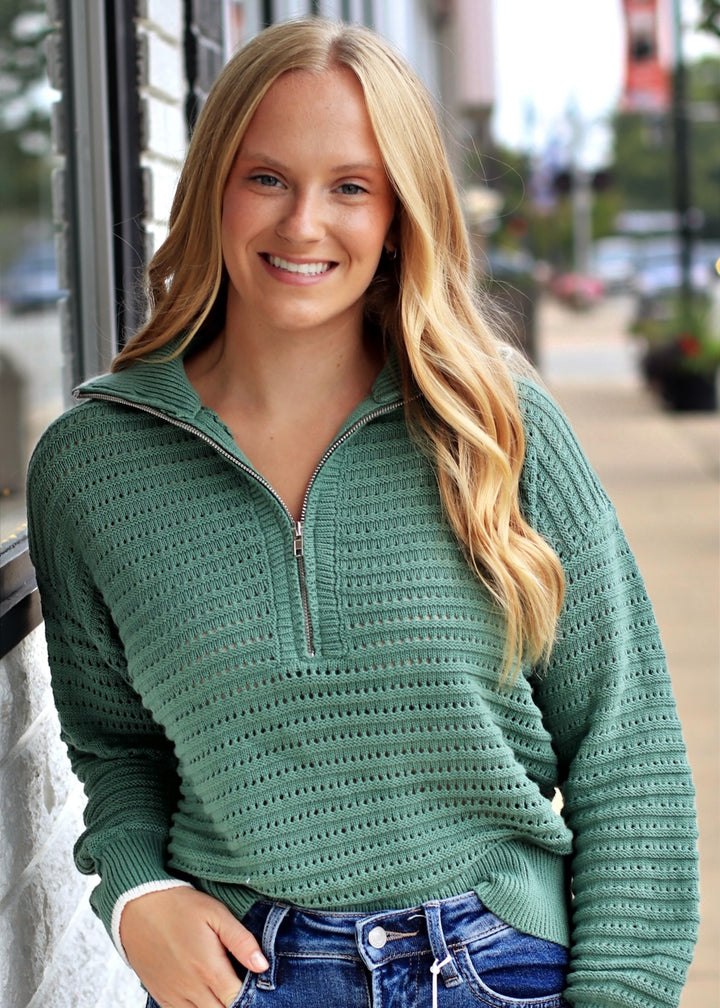 Mountain Air Crochet Texture Half-zip Cotton Blend Sweater