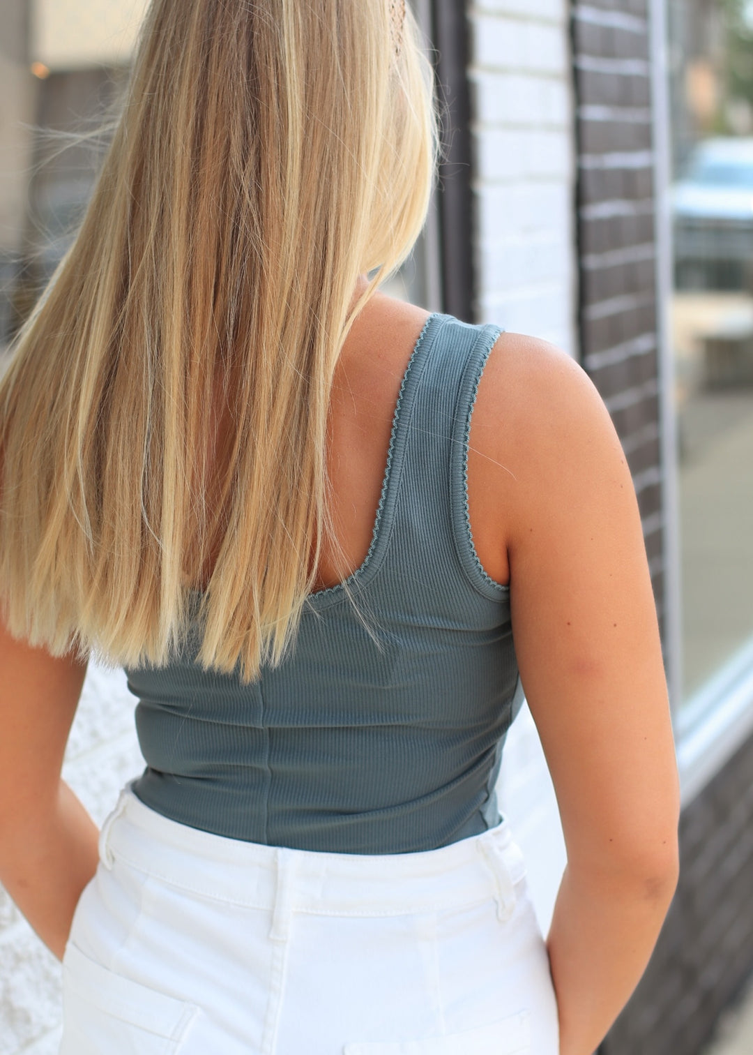 Ribbed Scoop Neck Button Front Tank Top