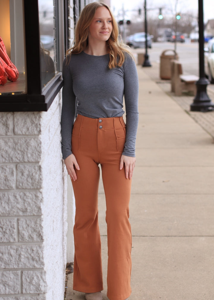 Pintuck Twill Flare Pants in Chestnut