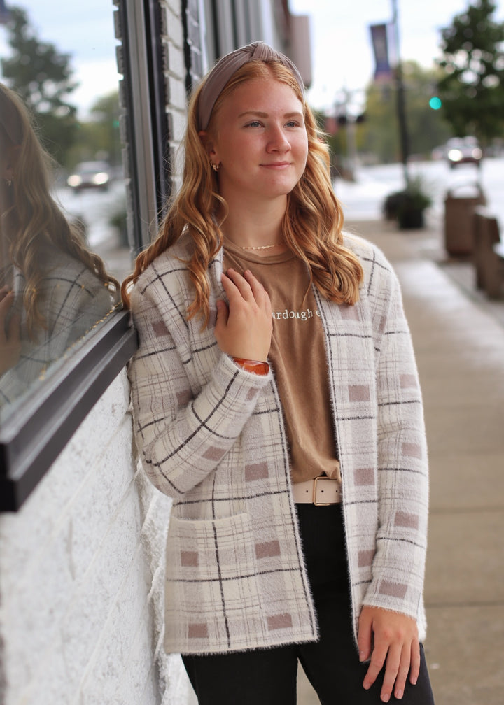 The Birch Open Front Cardigan in Ivory/Taupe