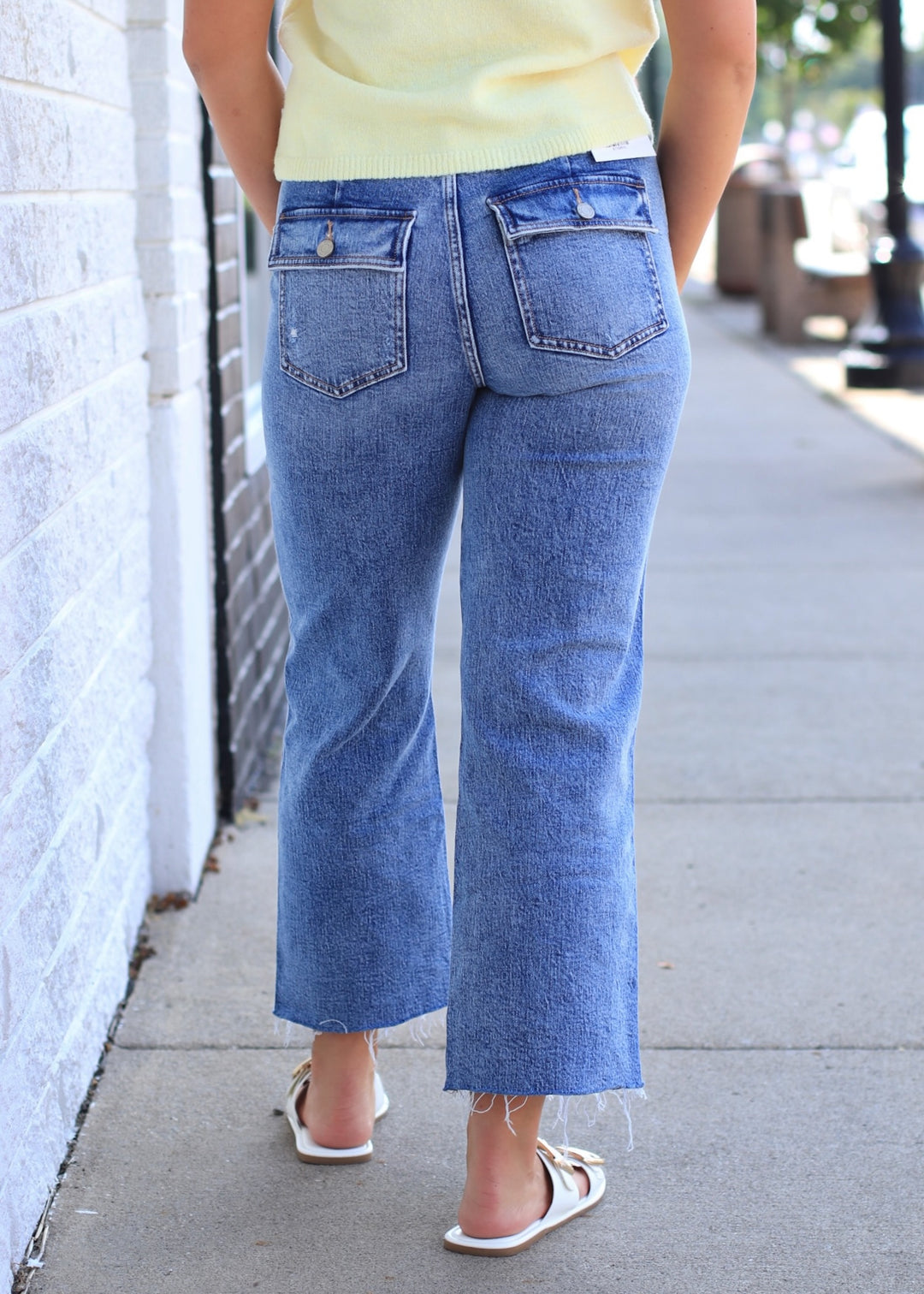 Collie High Rise Distressed Patch Pocket Slim Wide Jeans