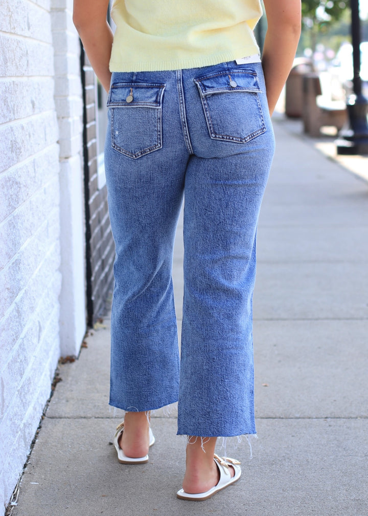 Collie High Rise Distressed Patch Pocket Slim Wide Jeans
