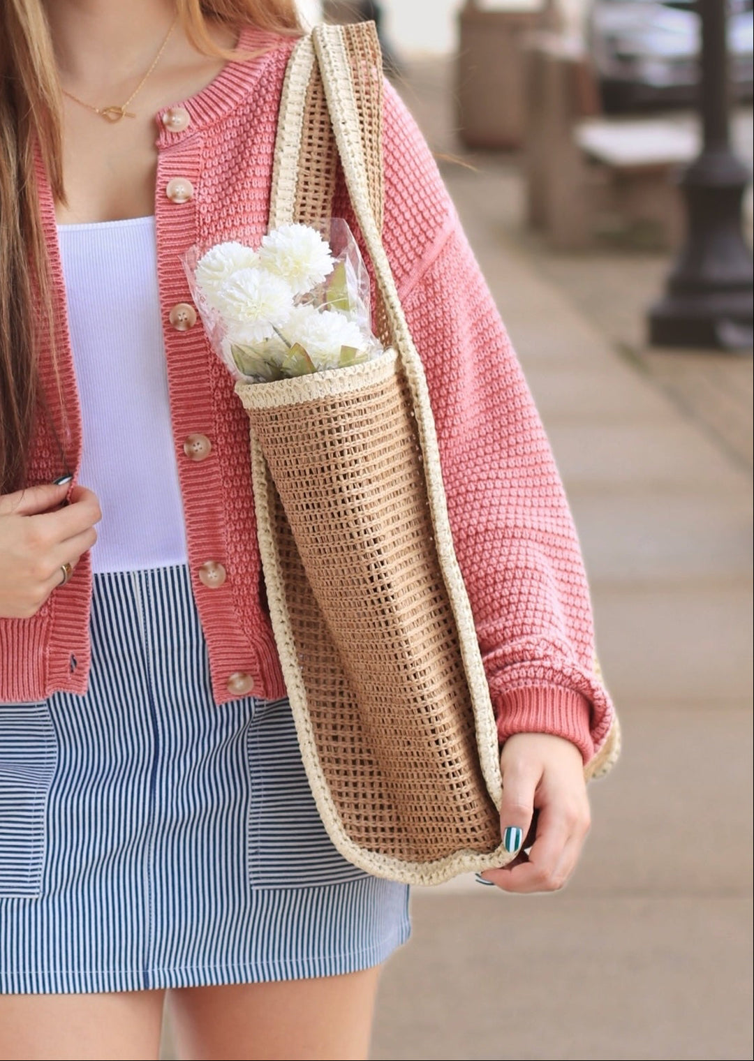 Tan Two Tone Woven Straw Tote Bag