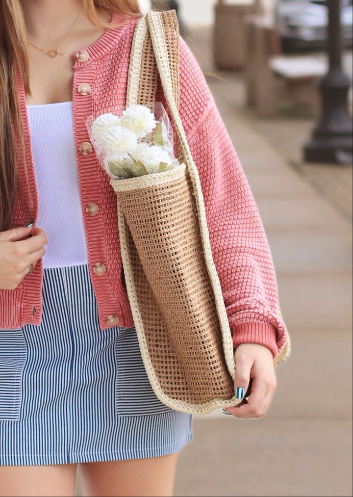 Tan Two Tone Woven Straw Tote Bag