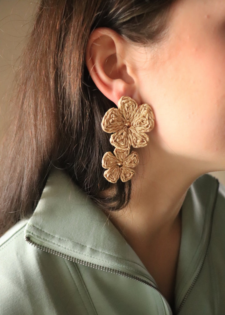 Double Straw Braided Flower Dangle Earrings