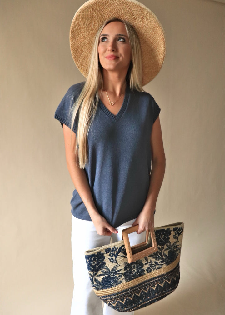 Floral Print Wooden Square Handle Tote Bag