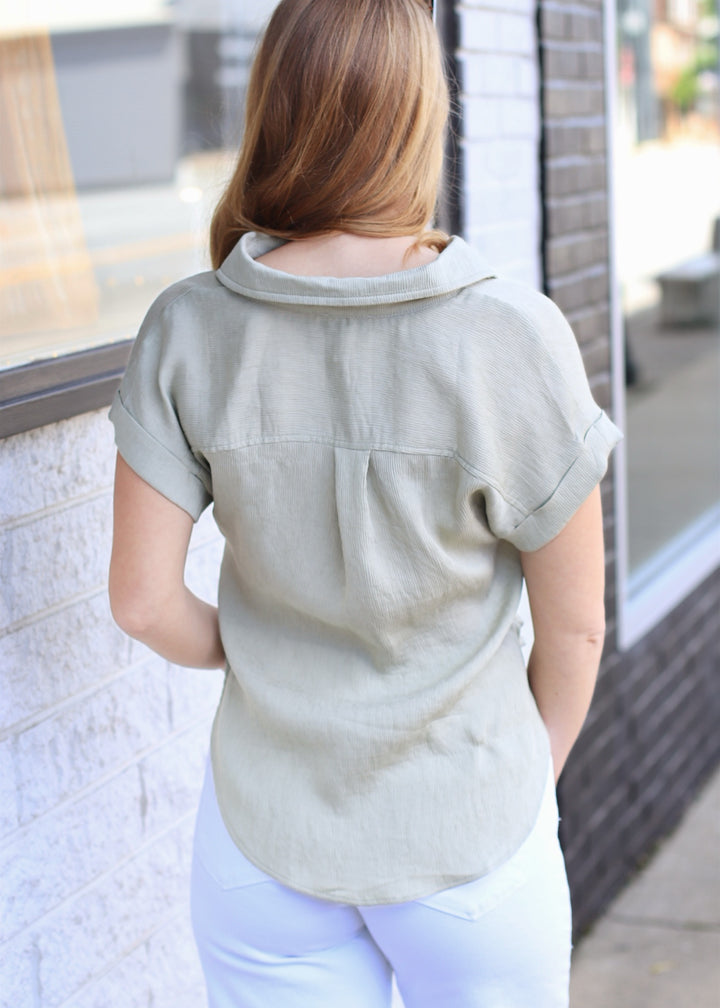 Olive Grove Cuff Sleeve Linen Top