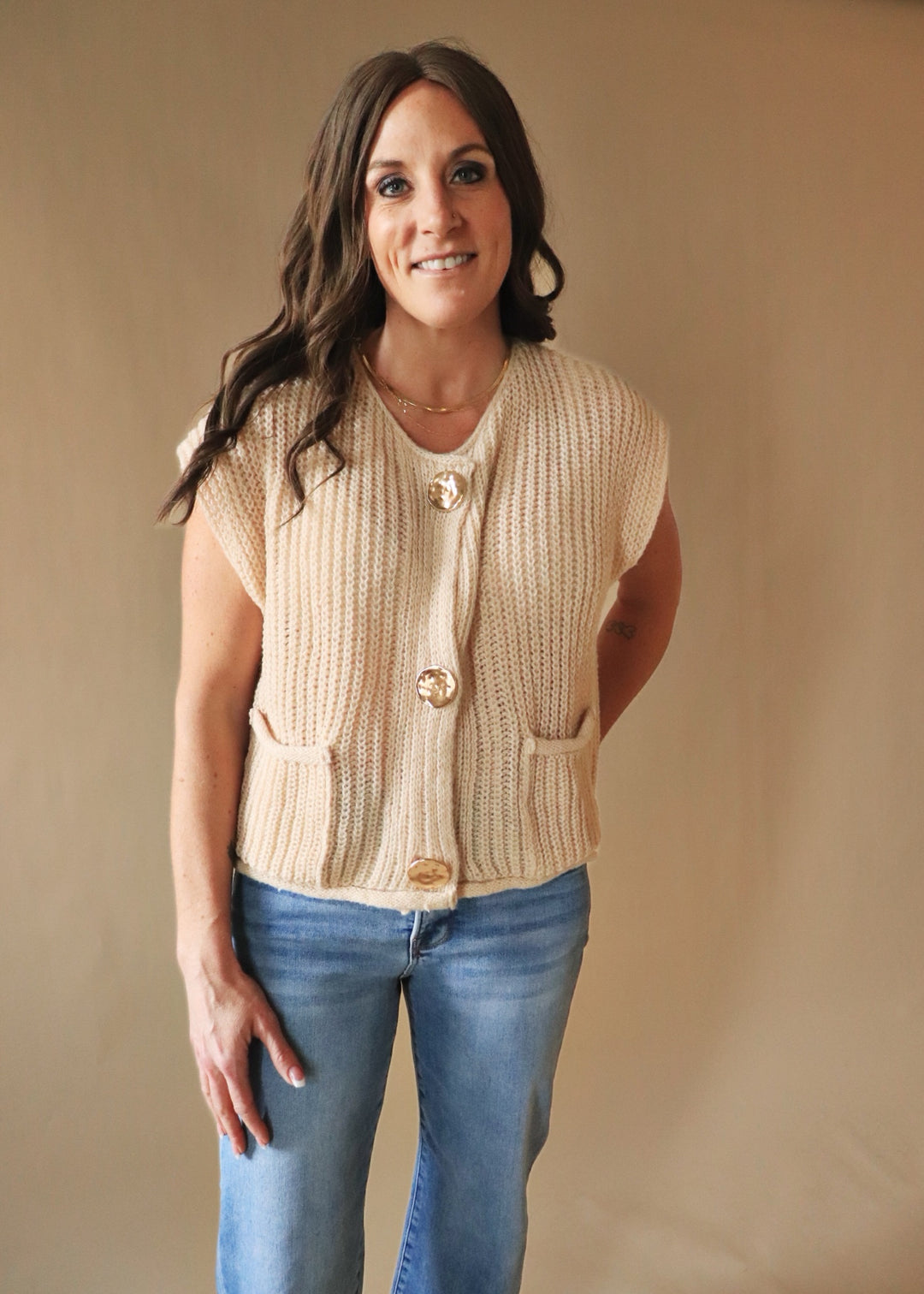 Oatmeal Big Metal Button Front Sweat Vest