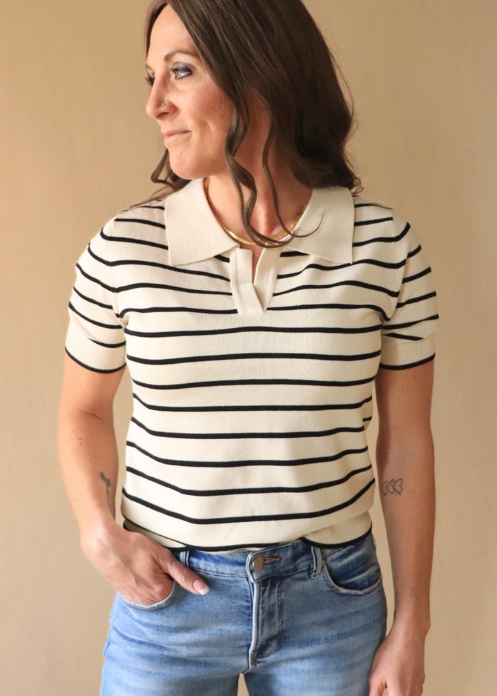 Joetta Ribbed Stripe Short Sleeve V Neck Top