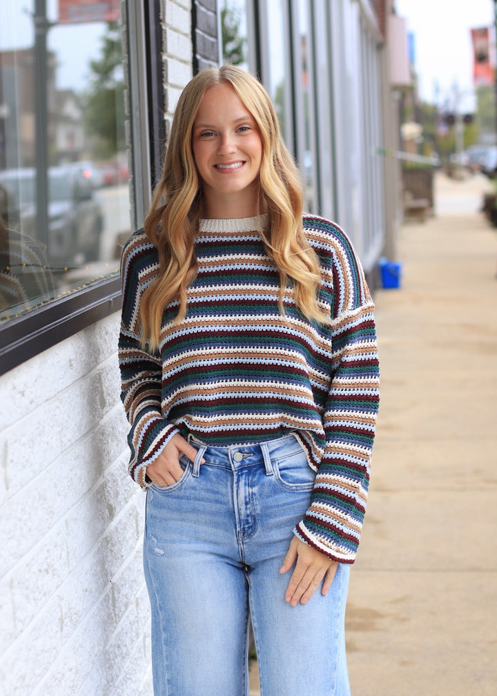 Ecru Combo Striped Boat Neck Sweater