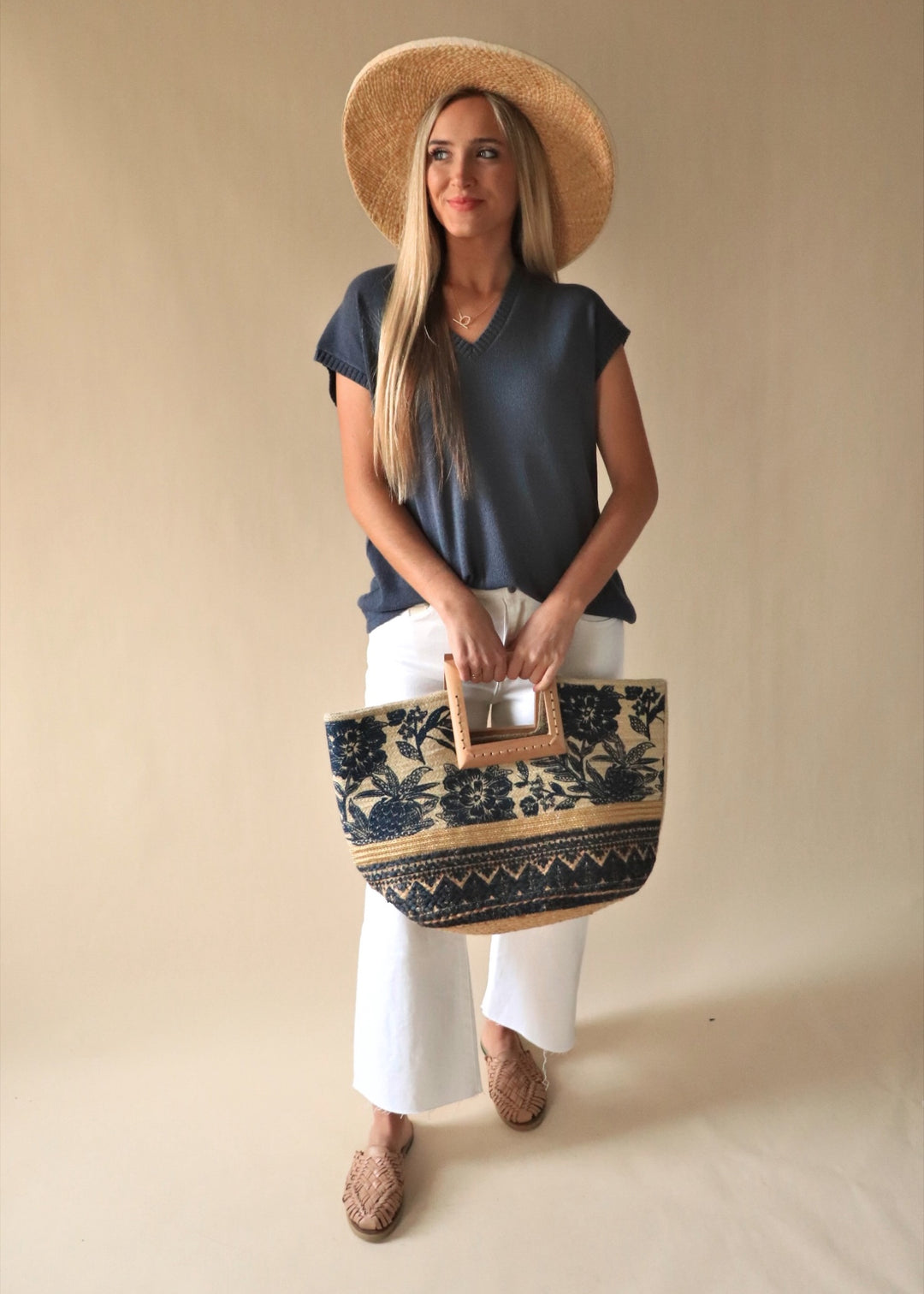Floral Print Wooden Square Handle Tote Bag