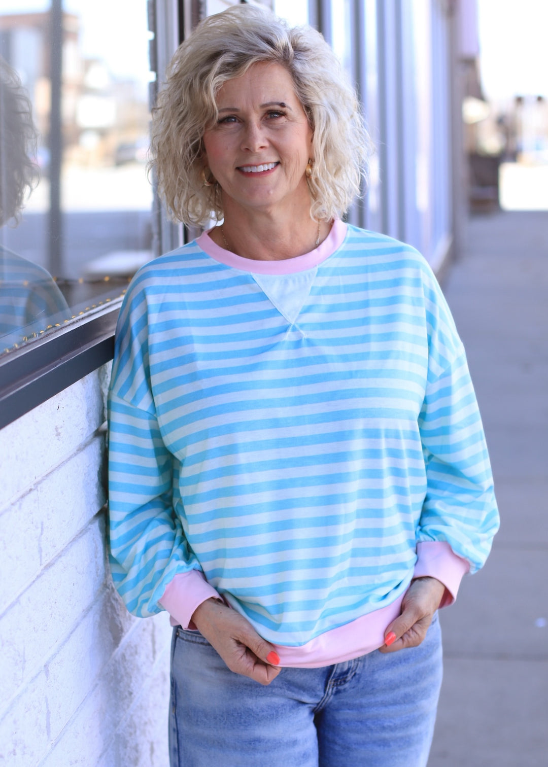 The Stevie Stripe Pullover in Mint/Fuchsia