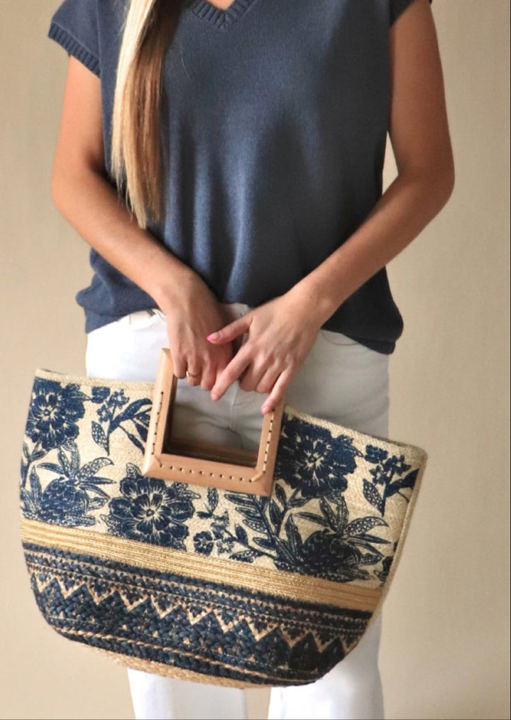 Floral Print Wooden Square Handle Tote Bag