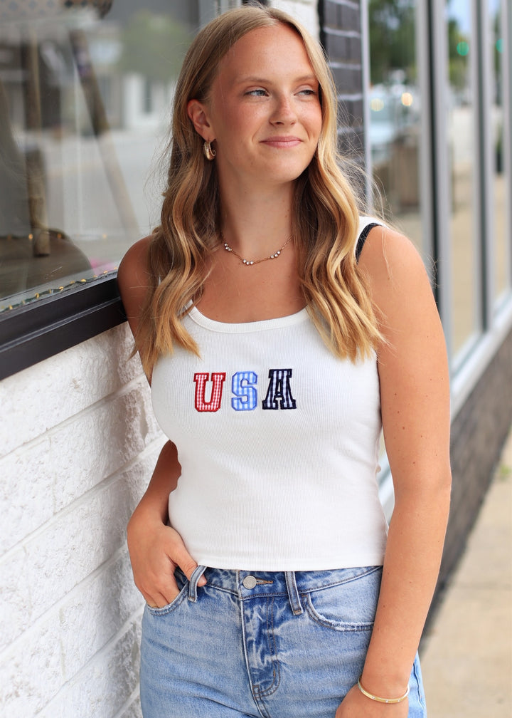 Gingham USA Tank Top in Off White