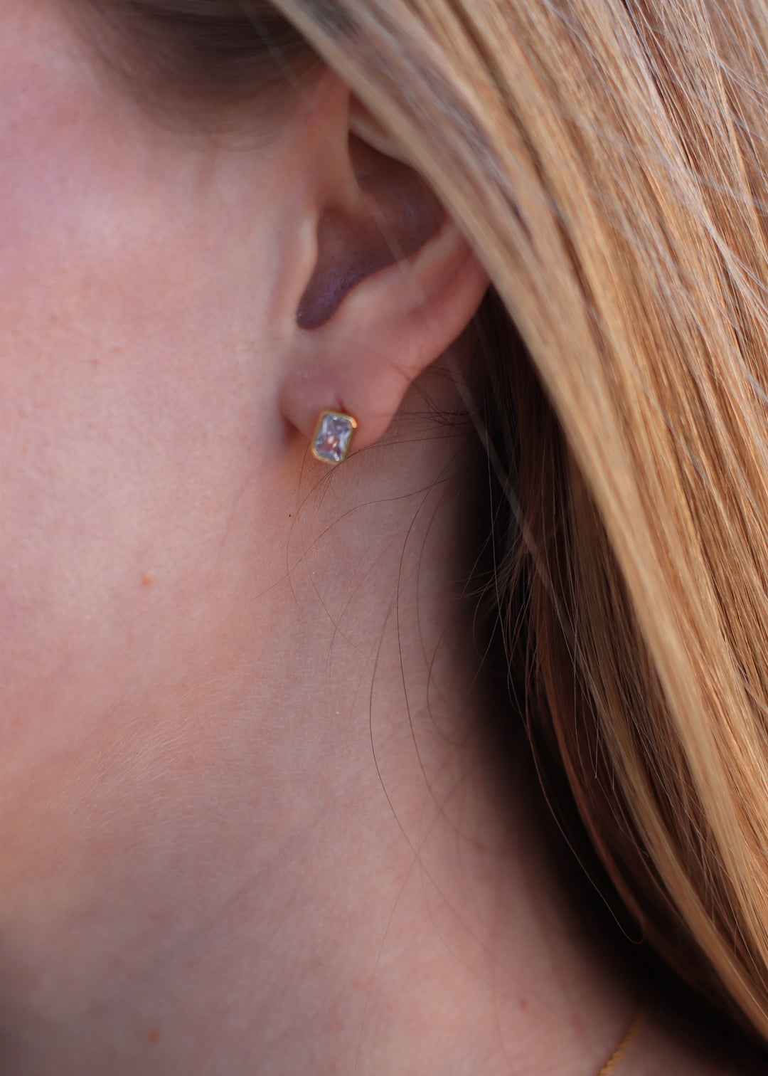 CZ Small Rectangle Gold Dip Stud Earrings