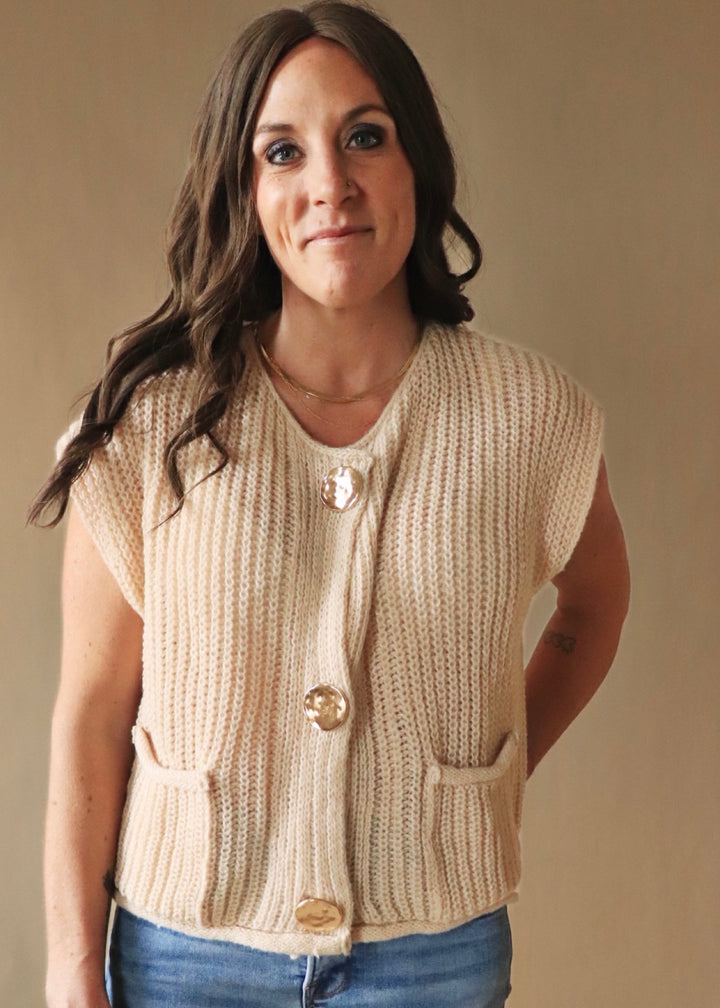 Oatmeal Big Metal Button Front Sweat Vest