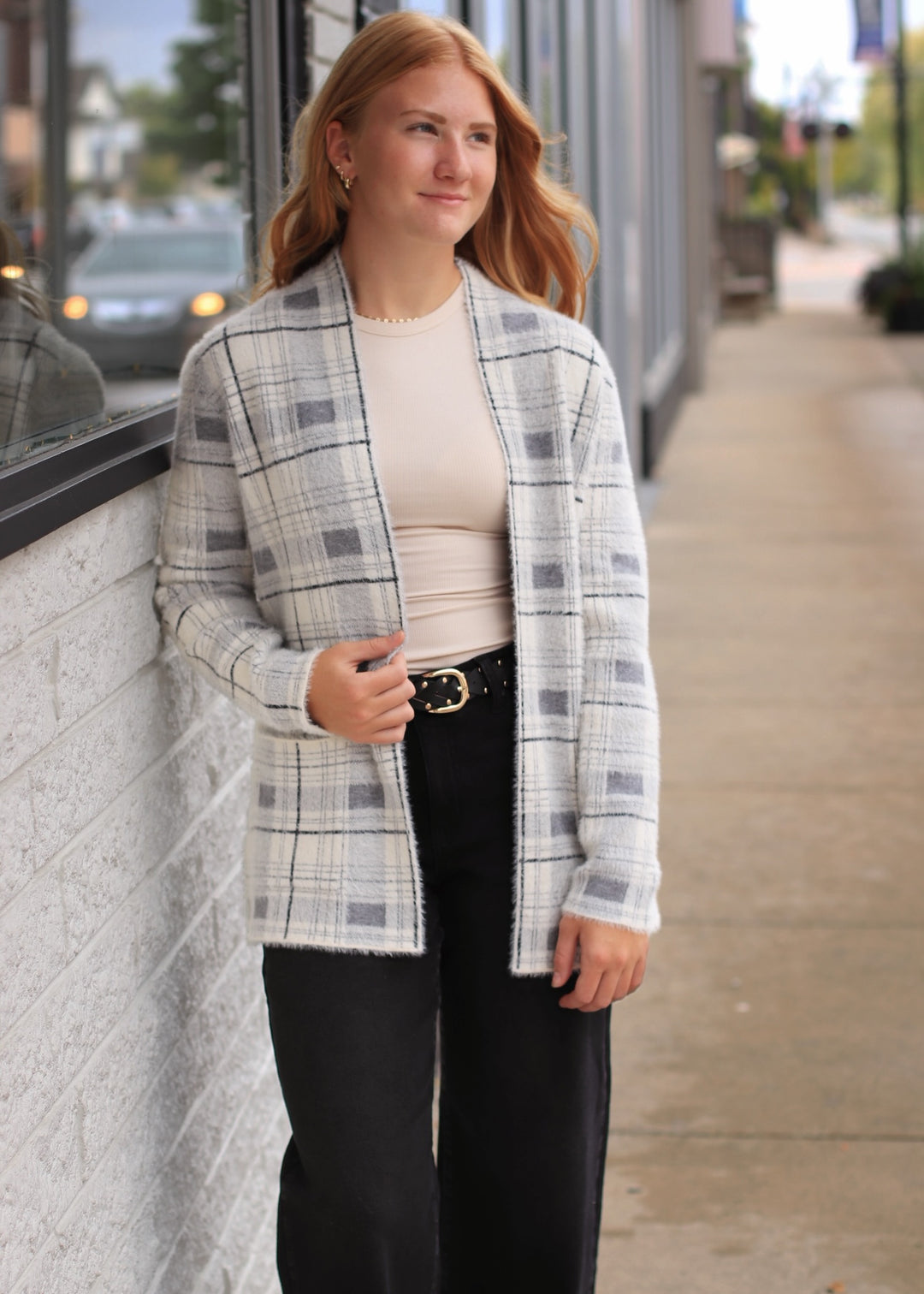 The Birch Open Front Cardigan in Ivory/Grey