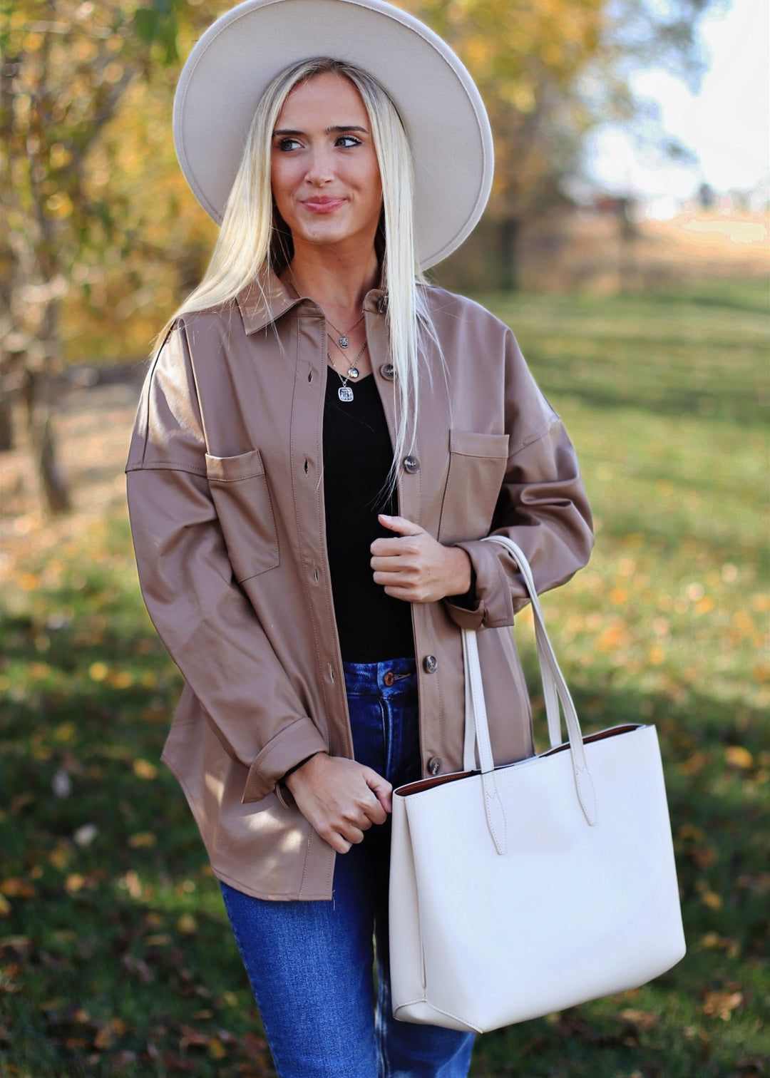 CLEARANCE FINAL SALE  Agnes Faux Leather Button Down Shacket in Camel