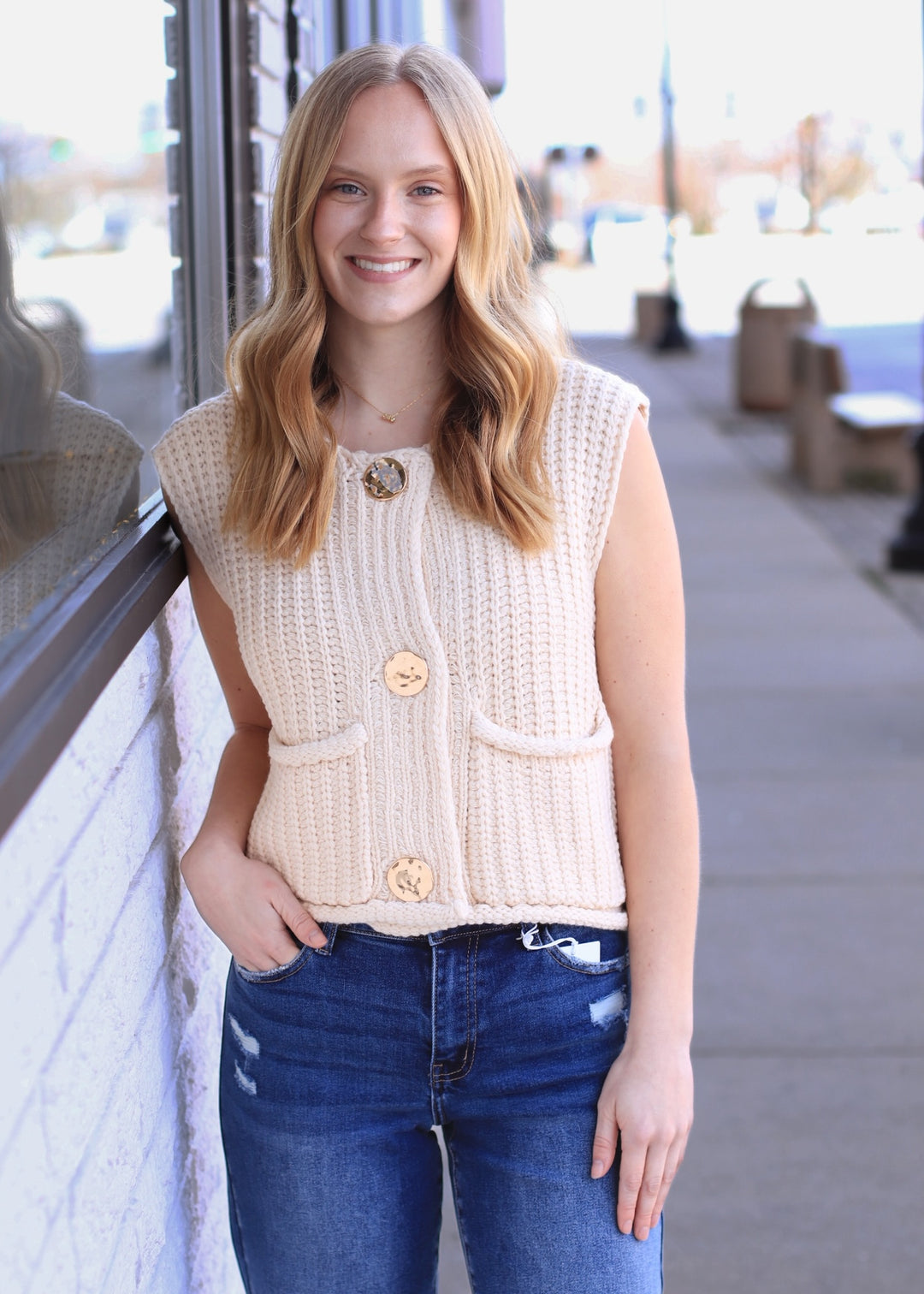 The Collins Gold Button Sweater Vest in Ivory