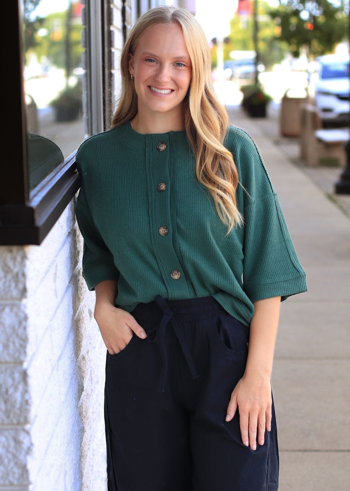 Button-Down Short Sleeve Waffle Top in Dark Green