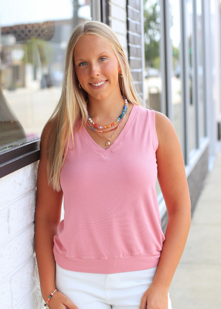 LuxeAir Ribbed V-Neck Top in Dusty Rose