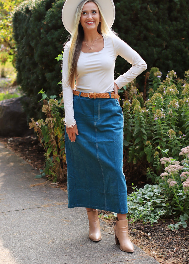 CLEARANCE FINAL SALE  Teal Corduroy Midi Skirt