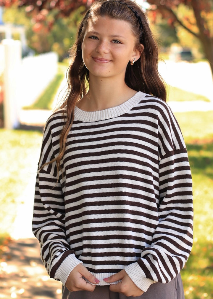 Oatmeal &amp; Brown Stripe Back Button Sweater
