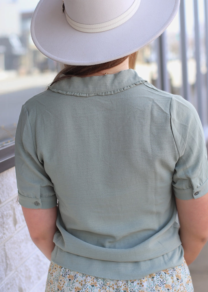 Optimistic Ruffled Collared Blouse in Fog Green