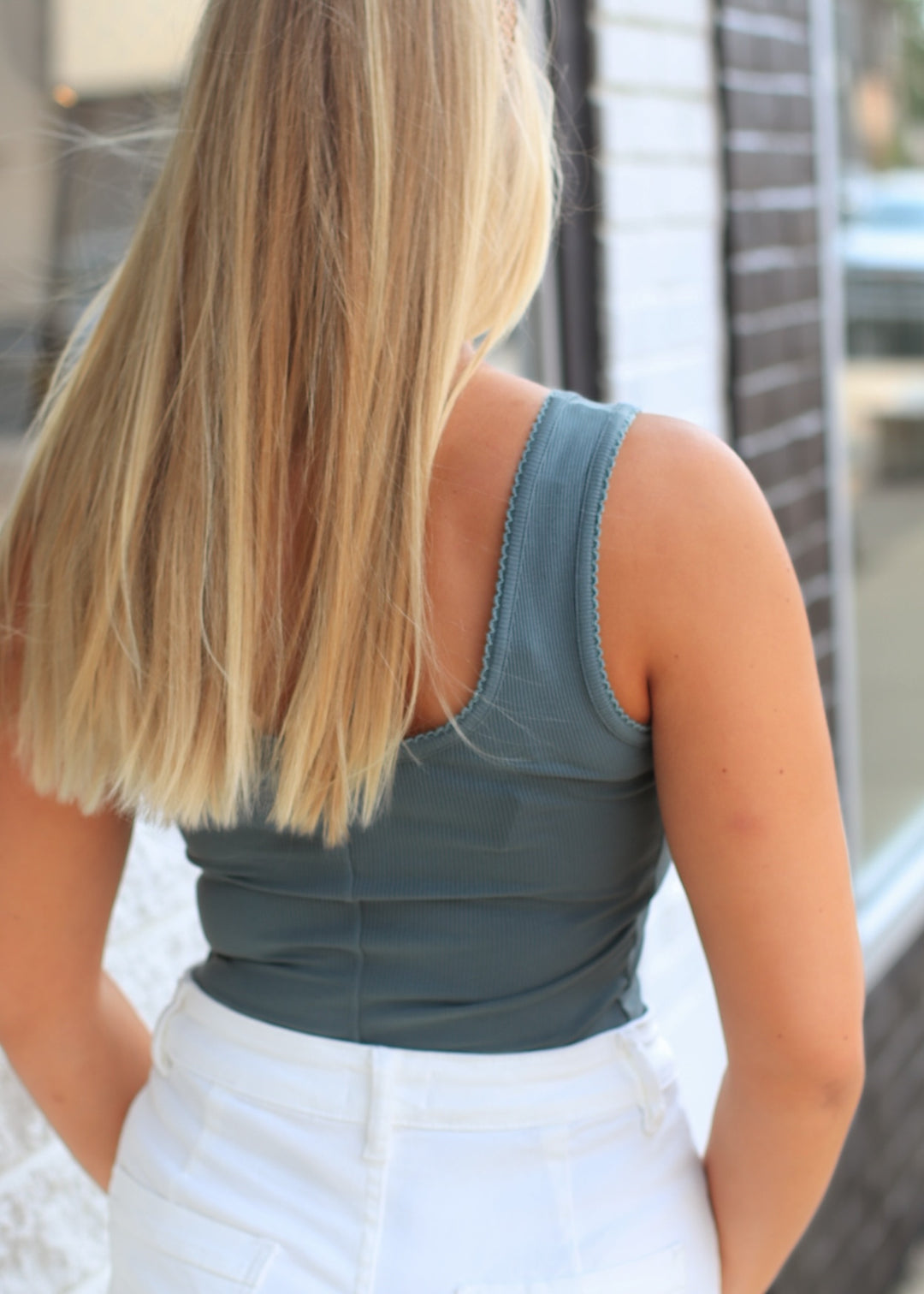 Ribbed Scoop Neck Button Front Tank Top