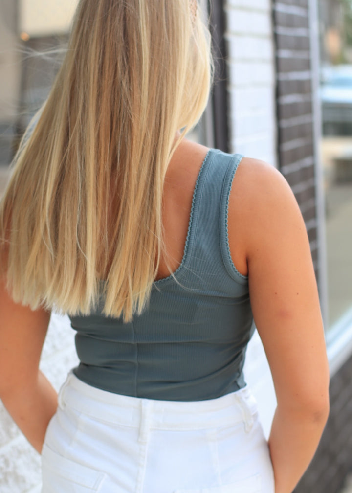 Ribbed Scoop Neck Button Front Tank Top