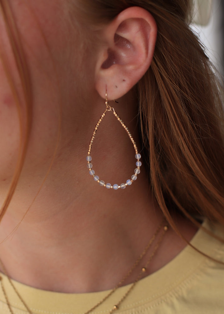 Opal Stone Beaded Teardrop Wire Earrings