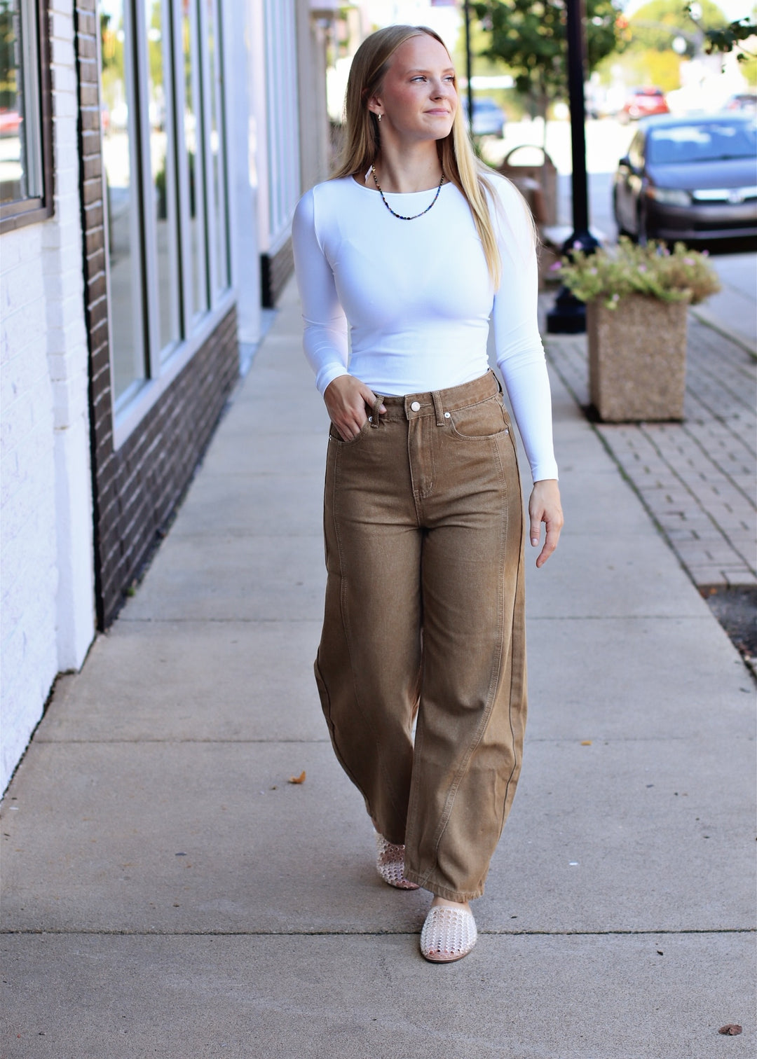 Long Sleeve Crew Neck Top in White