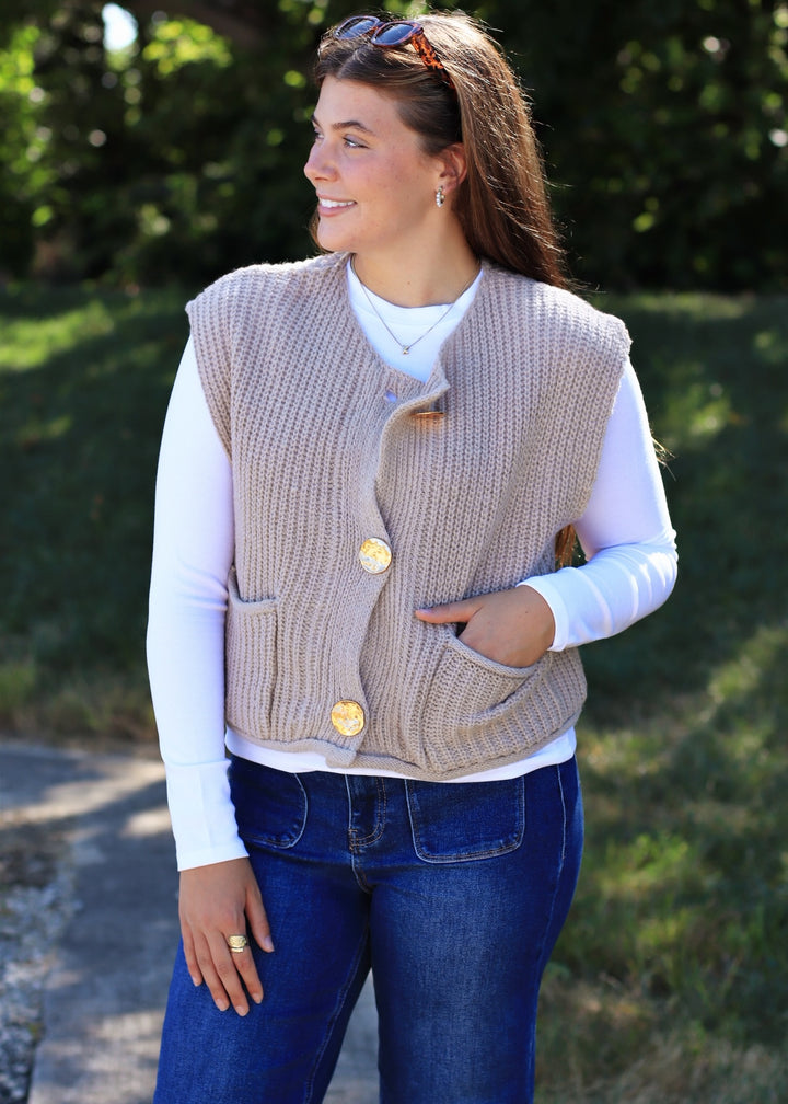Stone Big Metal Button Front Sweat Vest