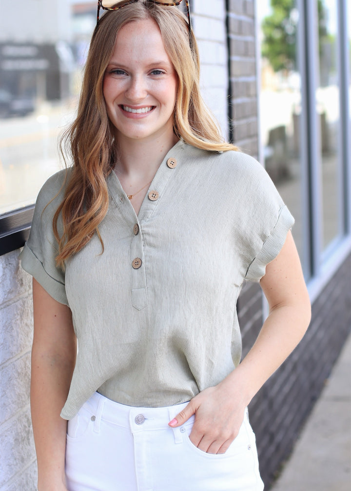 Olive Grove Cuff Sleeve Linen Top