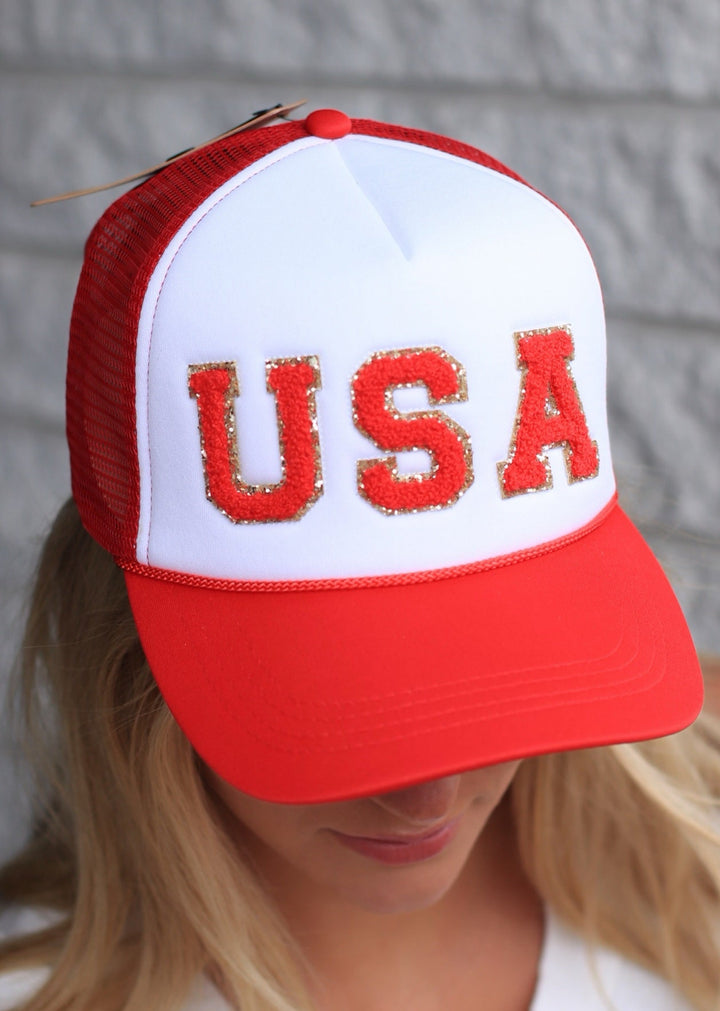 Usa Chenille Patched Trucker Hat Panel With Lining - Red