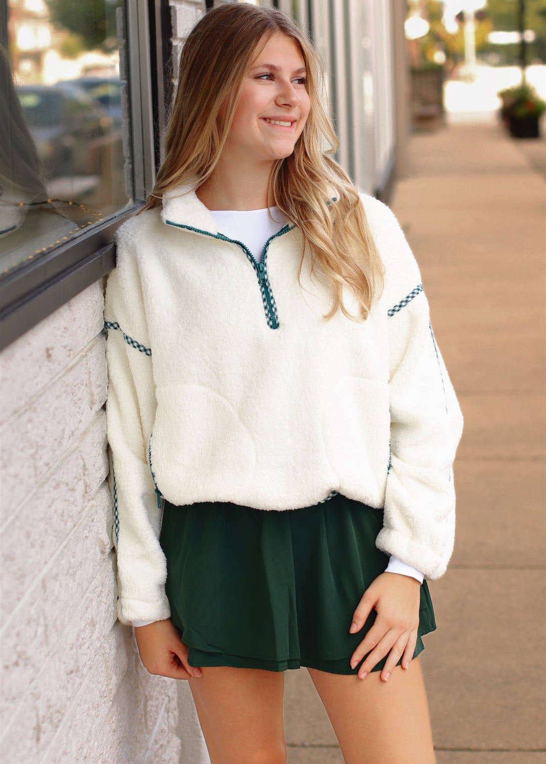 Kelly Green Trim  Sherpa Half Zip Pullover