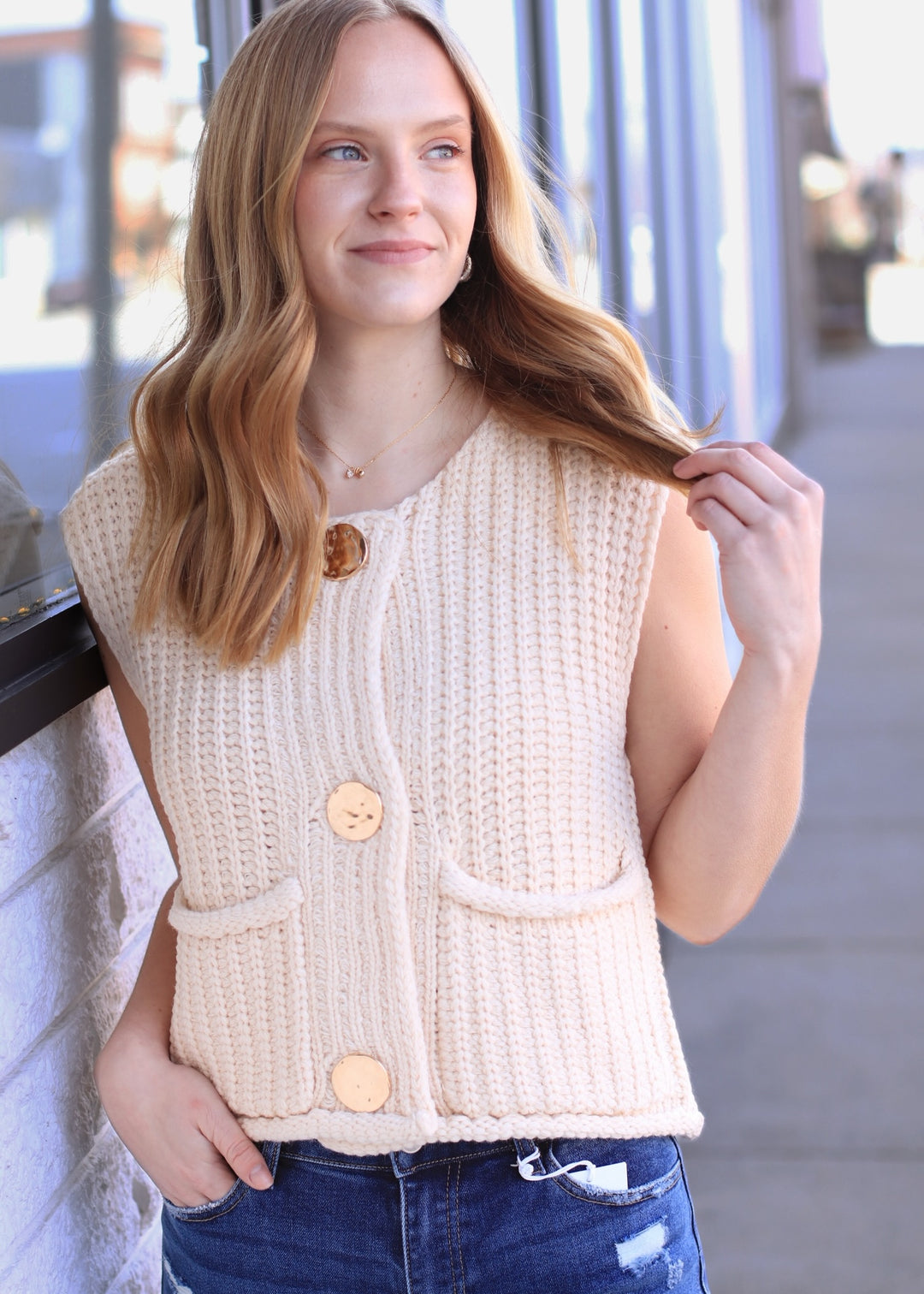 The Collins Gold Button Sweater Vest in Ivory