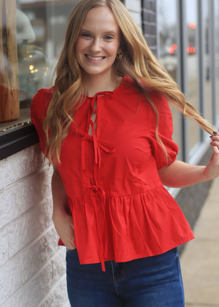 CLEARANCE FINAL SALE So Sweet Front Ties Puff Half Sleeve Top