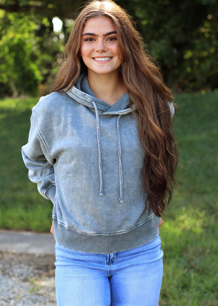Ash Jade Acid Wash Fleece Cropped Hoodie